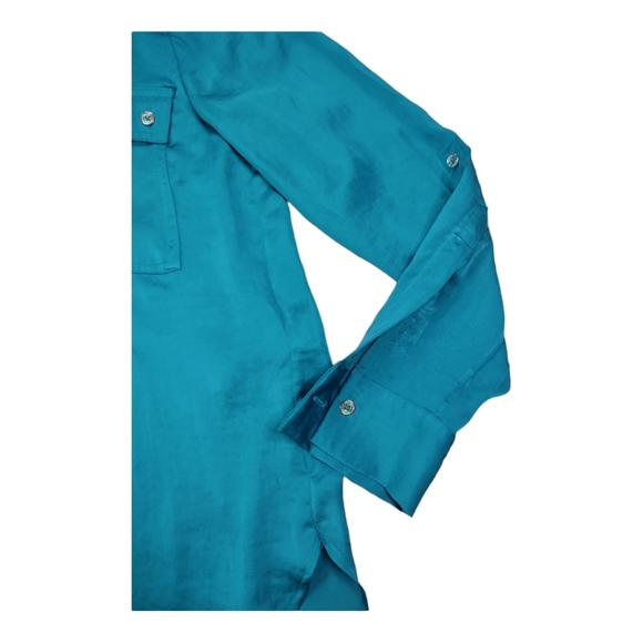 DKNY peacock colored Sz XS button up blouse Roll Up Long Sleeve Silky Feeling - Picture 13 of 15